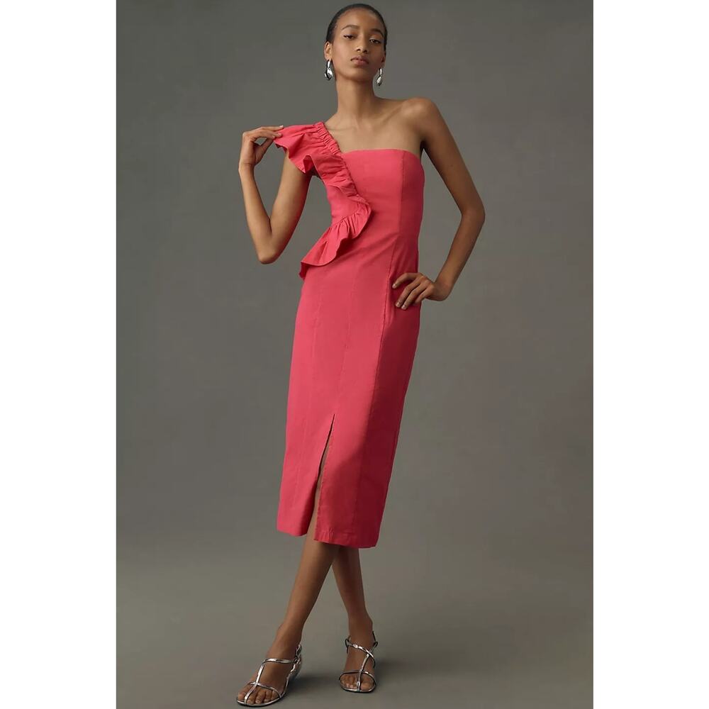 NWT By Anthropologie One-Shoulder Ruffle Linen Column Midi Dress $168 LARGE Pink